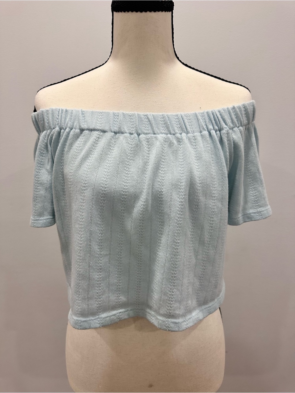 KIMCHI BLUE Off-Shoulder Short Sleeve Knit Crop Top in Light Blue Size Small